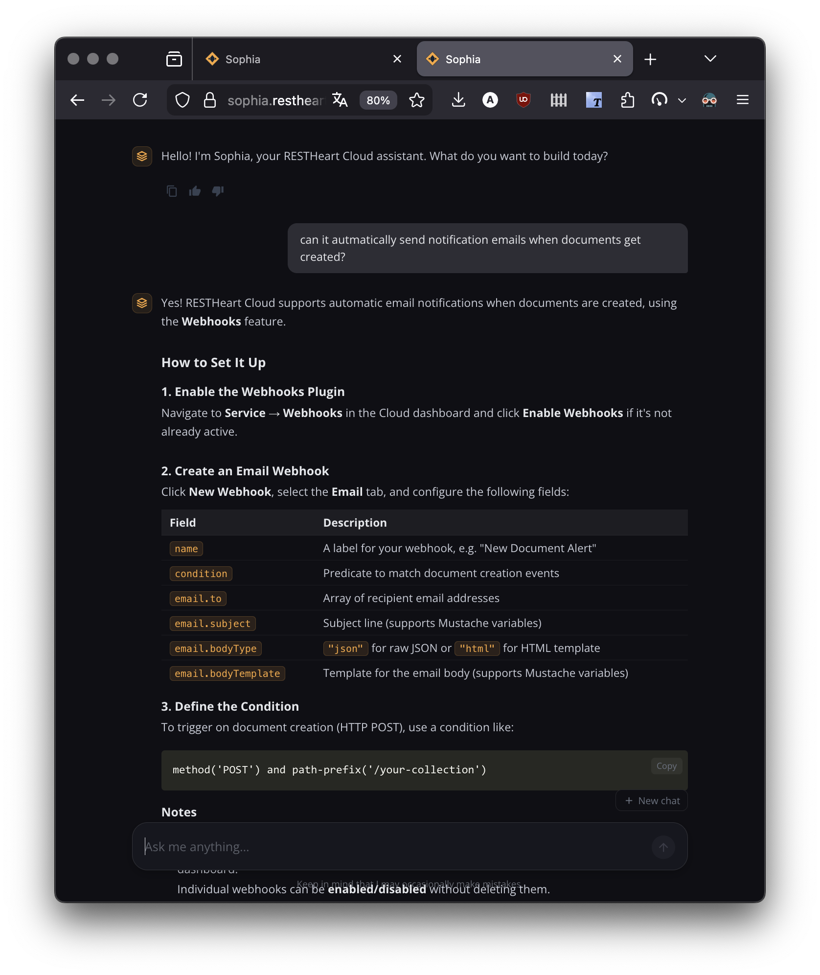 Sophia chat interface